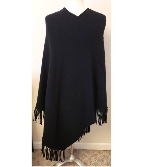 Mitchie's 100%Wool Poncho with Fur and Fringe Detail Sz- One Size Black - Picture 1 of 6